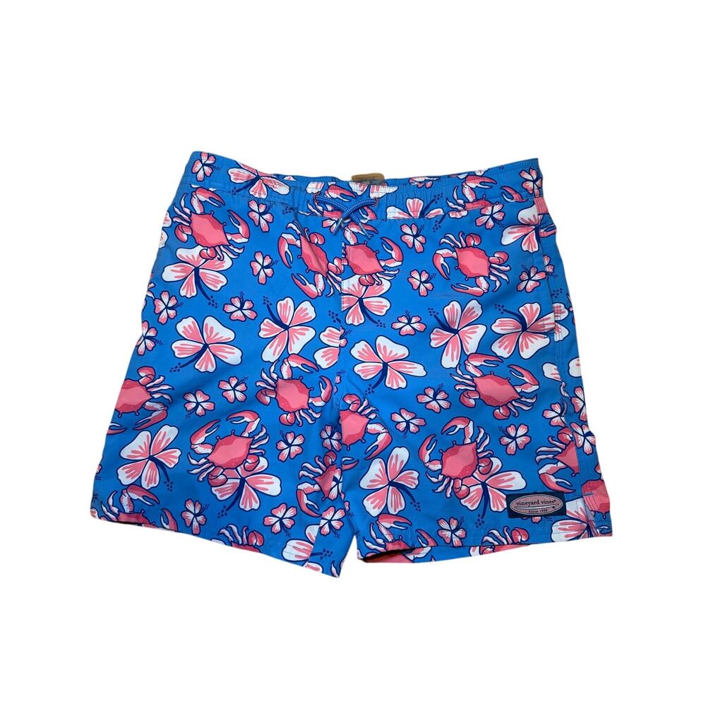 Vineyard Vines Boys Blue Pink Crab Floral Chappy Swim Trunks Shorts Size XL